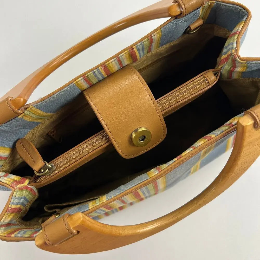 Fossil Cabana Stripe Canvas Wood Handled Satchel Handbag Purse Multicolor
